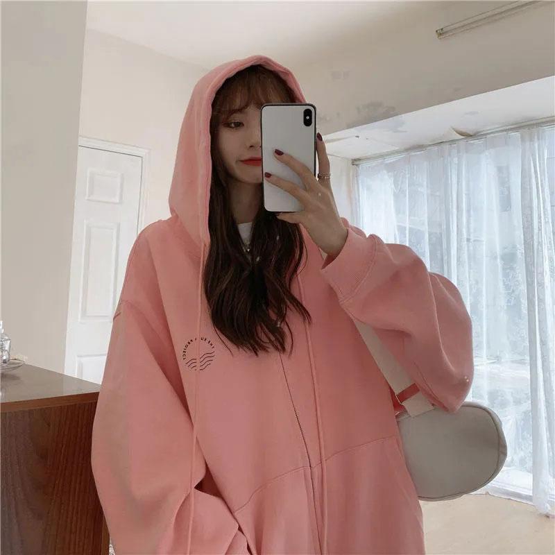 Autumn Hooded Cardigan Sweater Female Student Mid-length Top Coat Ins Korean Version Loose All-match Jacket Zipper Coat Long-sleeved Hooded Sweater