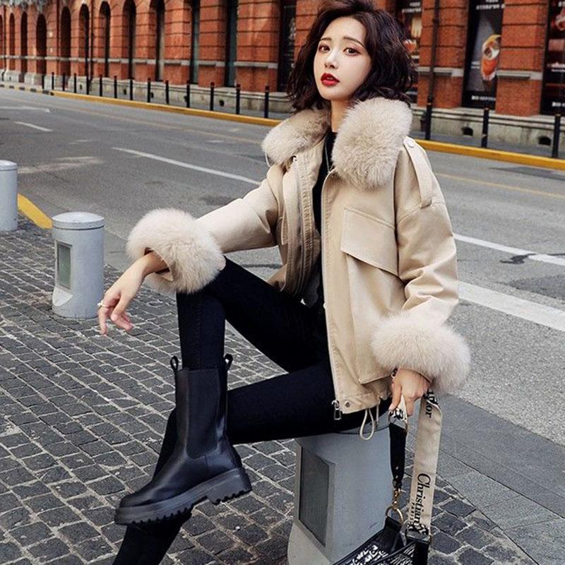 Warm Fleece Liner Hooded  Parkas Coat Winter Hooded Jacket Women Fur Collar Jacket Parka