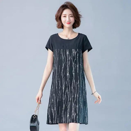 Summer Plus Size Mother Dress Stitching A-line Cotton and Linen DRESS Mid-length Dress