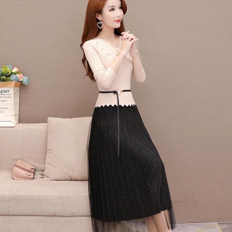 Knitted Women's Dress Fashion Korean Style Wild Mid-length Mesh Stitching Base Skirt