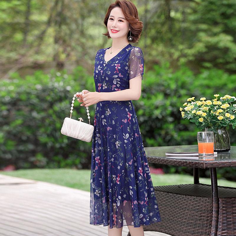 Summer Chiffon Mid-length Plus Size Printed Floral Over-the-knee Dress V-Neck Short Sleeve Elastic Waist