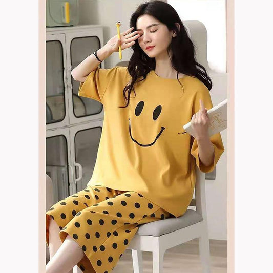 Women's Summer Pajamas Set Short-sleeved Cropped Pants Thin Print Suit Cute Loose Homewear Two-piece Mid-length Pyjama Set