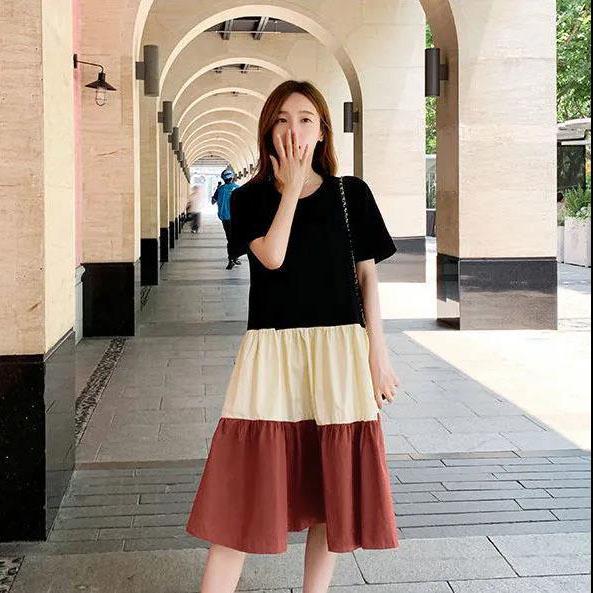 Women Vintage High Waist Large Size Holiday Dress Elegant Slim Pleated Splicing Casual Dress