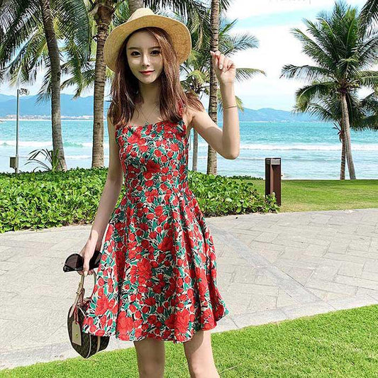 Pofulove Women Halter Sexy Floral Dress High Waist Strap Sun-dresses Above The Knee Beach Skirt