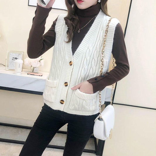 Autumn and Winter Knitted Cardigan Vest with Sleeveless Solid Color Jacket Fashion Casual Women Sweater