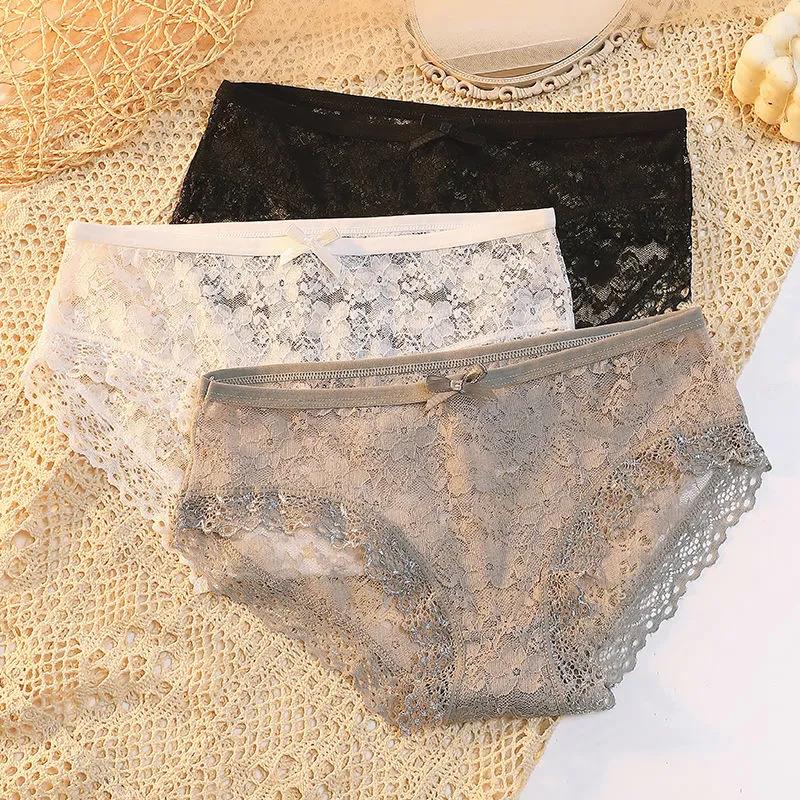 3Pcs/Set Women's Spring Summer Large Size Causal Soft Briefs Low Waist Solid Color Seamless Lace Cotton Panties