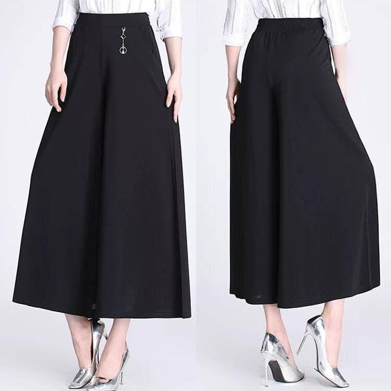 Summer Mother Loose Large Size Wide-leg Pants Cool and Thin Middle-aged and Elderly Culottes Elastic High-waist Wide-leg Women's Pants