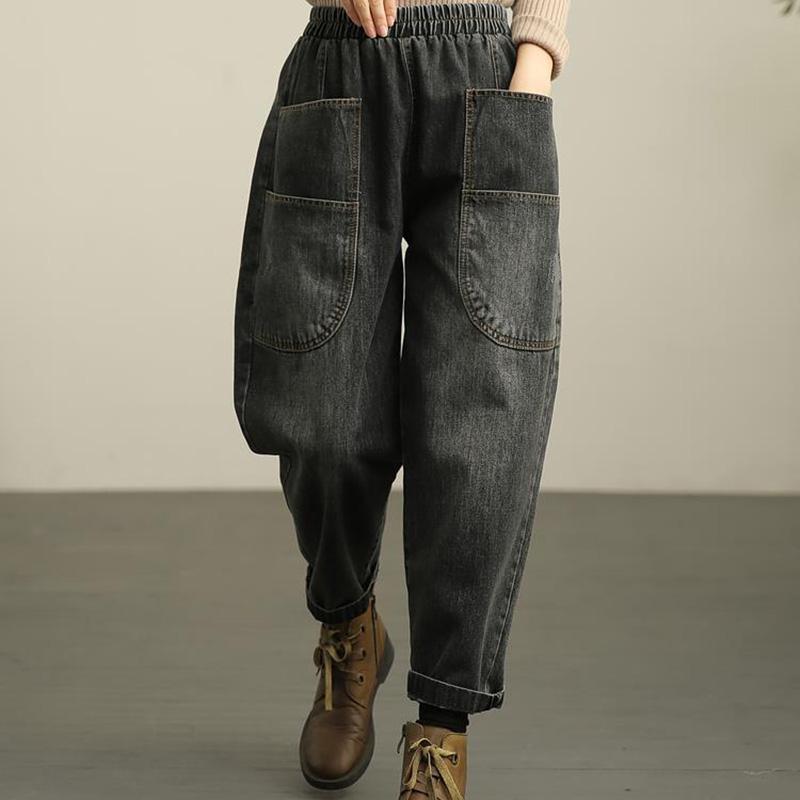 WTEMPO Retro Distressed Harem Pants Elastic Waist Women's Jeans Loose Wide Leg Straight  Denim Big Pocket Trousers