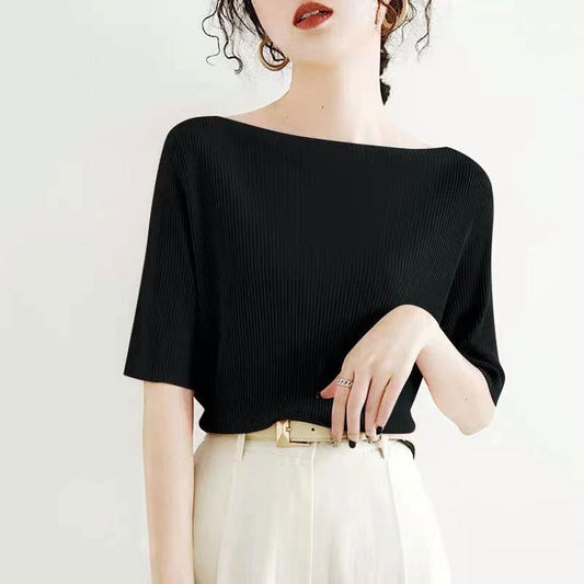 Women's Ice Silk Short-sleeved Summer One-word Collar Five point sleeve T-shirt Loose Middle-sleeved Korean Version All-match Bottoming Shirt Top