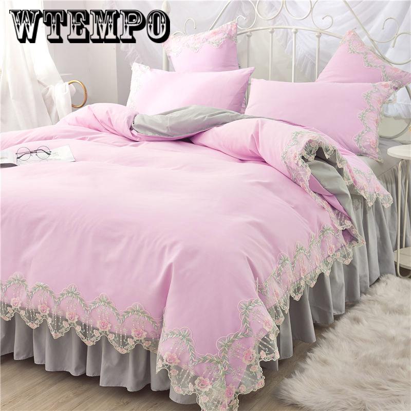 Bedding set bed skirt four sets of fashion lace quilt cover solid color princess wind skin cotton