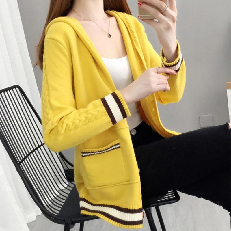 Spring and Autumn Knitted Cardigan Sweater Loose Hooded Large Size Top Short Color-blocking Women's Jacket