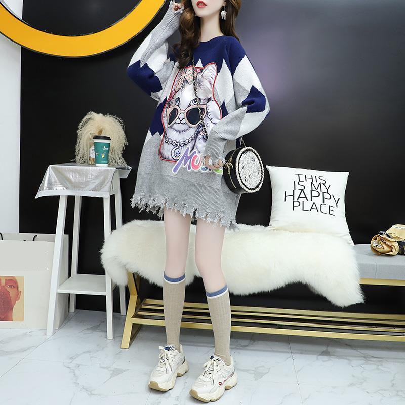 Autumn and Winter Mid-length Pullover Women Loose Casual Cartoon Print Tassel Sweater Jumper Outer Wear