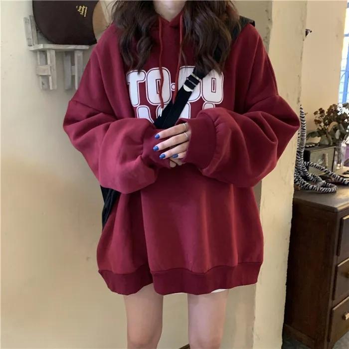 Sweater Women's Ins Plus Velvet Thickened Student Korean of The Loose BF Lazy Style Letter Printing Top Hooded Jacket Printing Pullover Sweater