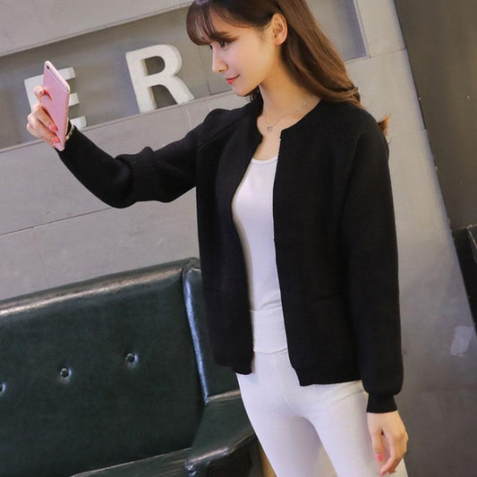 Spring and Autumn Cardigan Short Sweater Loose Solid Color Long Sleeve Top Fashion Knitted Women's Jacket