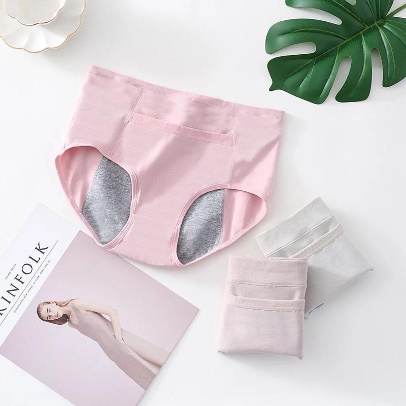 2 PCS Women's Leak-proof UnderwearMenstrual Period Pure Cotton Panties Mid-high Waist Period Underpants Solid Breathable Ladies' High-waist Briefs