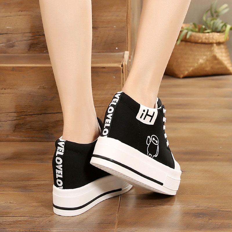 Women's  Canvas Shoes Wedges Heel Thick Bottom Increased Casual Shoes High-heeled Platform Lace Up Wedge Sneakers