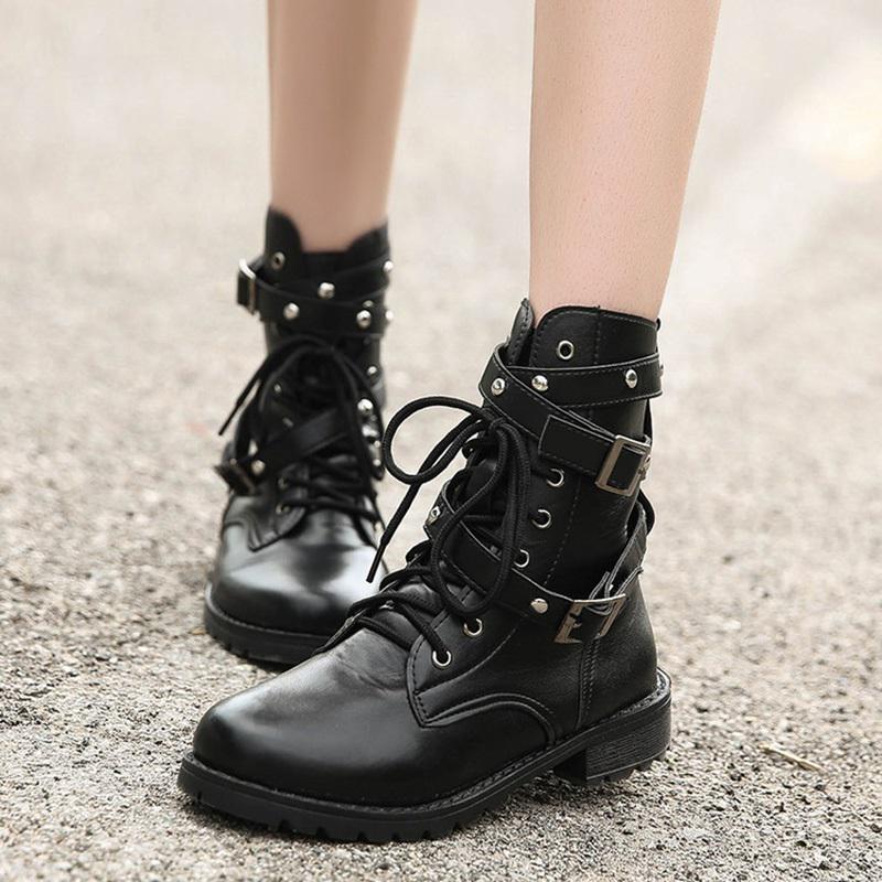 Women High Boots Gothic Shoes Ankle Boots Female Genuine Leather Military Boots Buckle Women Boots