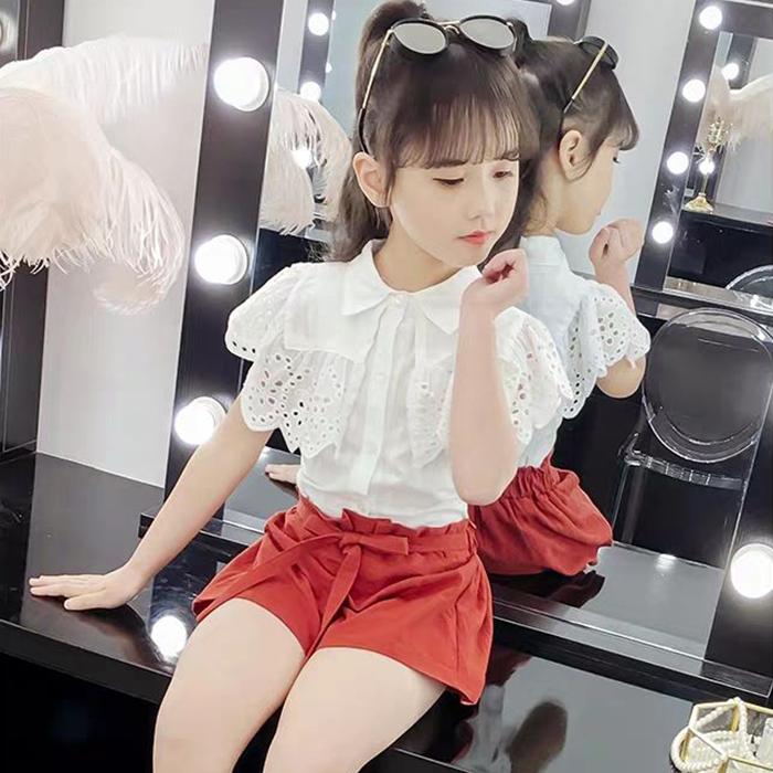 2PCS Children Clothing Set Spring Summer Girls Suits Lace Hollow Out Short Sleeve Tops + Pants Clothing Set