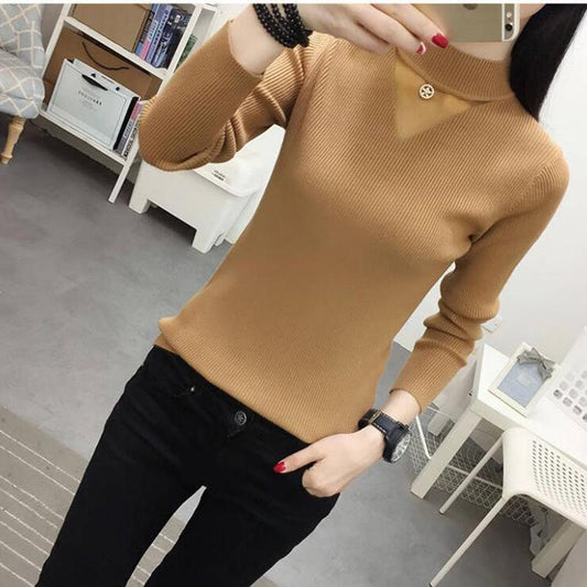 Pofulove Women's Turtleneck Pullover Slim Knit jumper Winter Hollow Gauze  yellow Sweater Tops