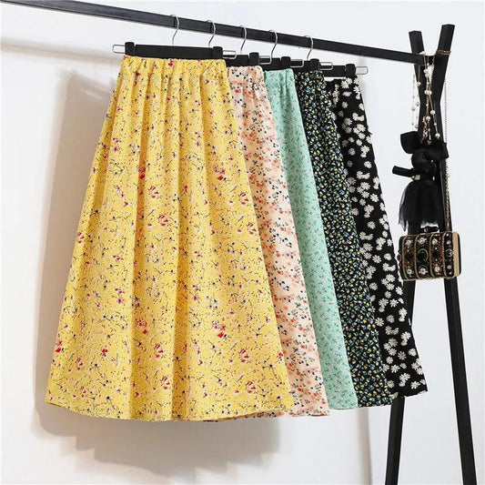 Women's Summer Plus Size Skirts Vintage Floral Print Chiffon A-Line Skirt Elastic High Waist Casual Mid-length Skirt