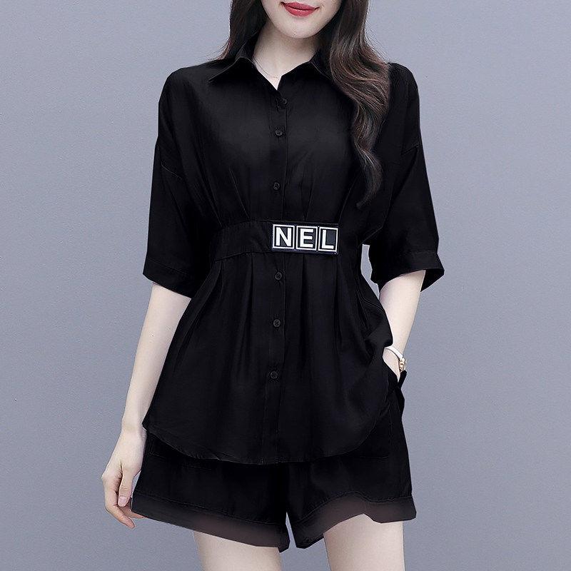 Thin Suit Women Summer Two-piece Shirt Mid-length Women's Wide-leg Pants Shorts Casual Suit Sweet Cute Sexy and Elegant