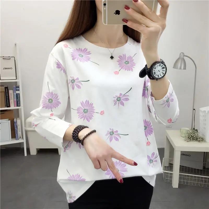 Spring and Autumn Printed Bottoming Shirt Women's Long-sleeved Mother T-shirt Loose Round Neck Top Women