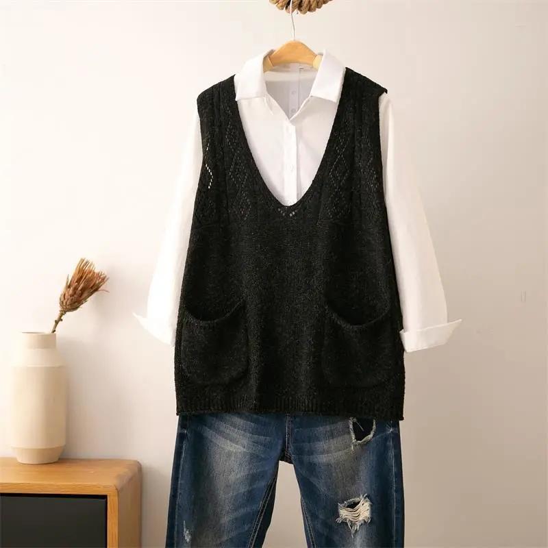 V-neck Vest Women's Spring and Autumn Wear Hollow Retro Literary and Artistic Knitted Vest Wear Loose Top