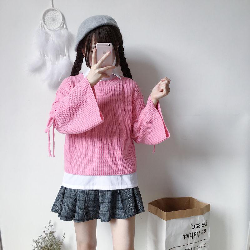 Autumn/winter Flared Sleeve Lace-up Top Bow Long-sleeved Sweater Fashion Casual Coat