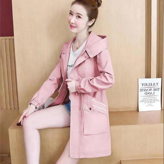 Double Layer Lining Windbreaker Women's Spring and Autumn Style Waist Loose Casual Hooded Raincoat Jacket