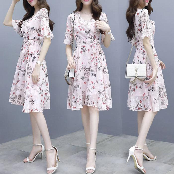 Pofulove Women Printed Chiffon Dress Office Lady Slim Short-sleeved V-neck A-line Dress Sun-dresses