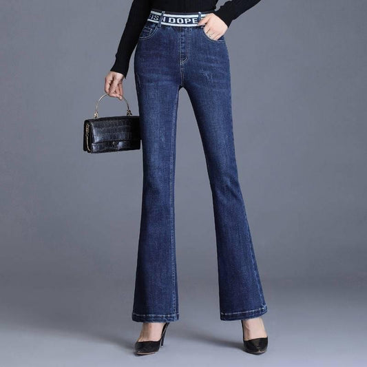 Women Mid Waisted Denim Jeans Denim Pants Pocket Stretch Button Bell-Bottom Pants Jeans Plus Size