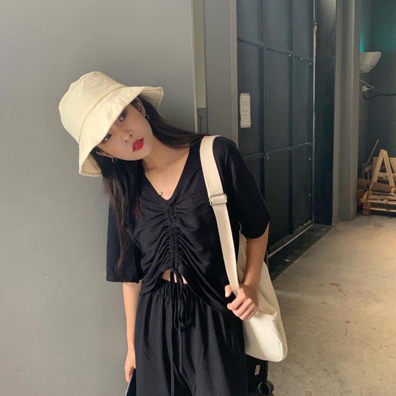 Casual Two-piece Women's Summer Slim Short-sleeved T-shirt Women's High-waist Wide-leg Pants Suit V-neck Short-sleeved Top Sexy Waist Slimming