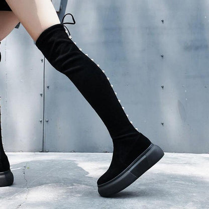 Autumn and Winter Women's Boots High Over The Knee Boots Flat Shoes Women's Lace-up Boots Elastic Boots