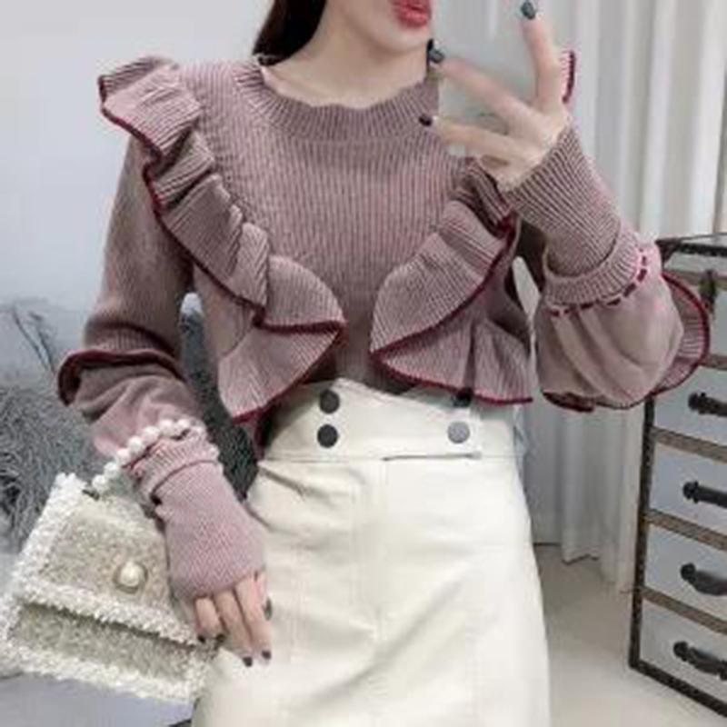 Autumn  Winter Sweater Women's Knit Sweater Round Neck Pullover Fashion Ruffled Wild Long-sleeved Bottoming Shirt