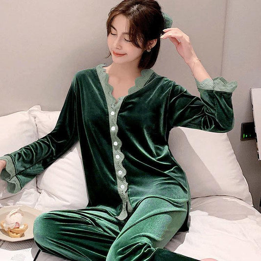 Gold Velvet Pajamas Pajamas Women's Warm Clothing Women's High-end Outer Wear Sexy Home Service Suits Thin Pajamas Suit Lace Trim