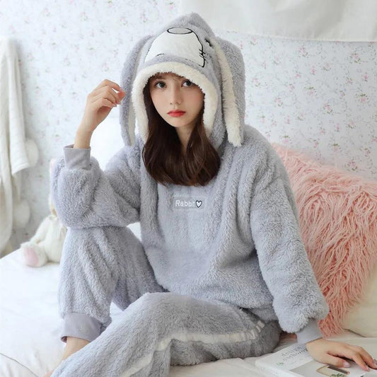 Women's Cute Cartoon Rabbit Ear Hooded Coral Fleece Pajamas Set Long Sleeves Thickened Velvet Winter Spring Flannel Warm Home Wear Sleeppingsuit