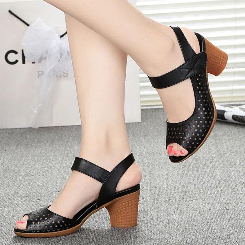 Women's High Heel Soft Sole Sandals Hollow Velcro Sandal Summer Fish Mouth Shoes Heel Sandals Solid Color Simple Temperament Edge Sandals