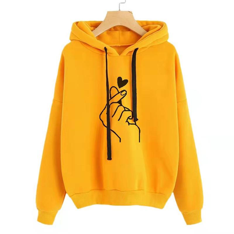 Fashionable Kpop Casual Finger Heart Love Pattern Hooded Women Hoodies Sweatshirts Drawstring Long Sleeve Female Pullovers Hoodie Women Coat