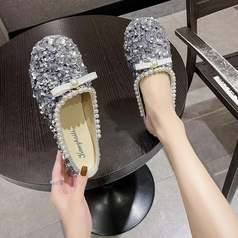 Sequined Baotou Half Slippers Women's Outer Wear Summer Shallow Mouth Women's Shoes Grandma Shoes Soft Sole Peas Shoes