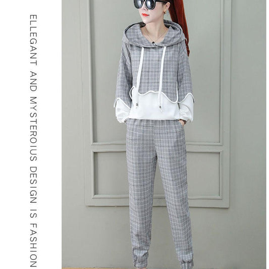 2pcs/set Women Sweatshirt Set Drawstring Plaid Sweatshirt Hoodies+Pants 2 Piece Set Women's Sports Suit Female Sportwear Hoodies Suit