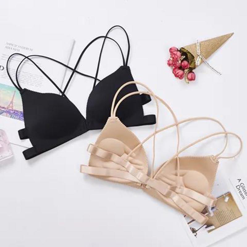 Front Buckle No Steel Ring Sexy Beautiful Back Underwear Female Seamless Multi-strap Cross Straps Ladies Small Bra Thin Mold Cup Bra