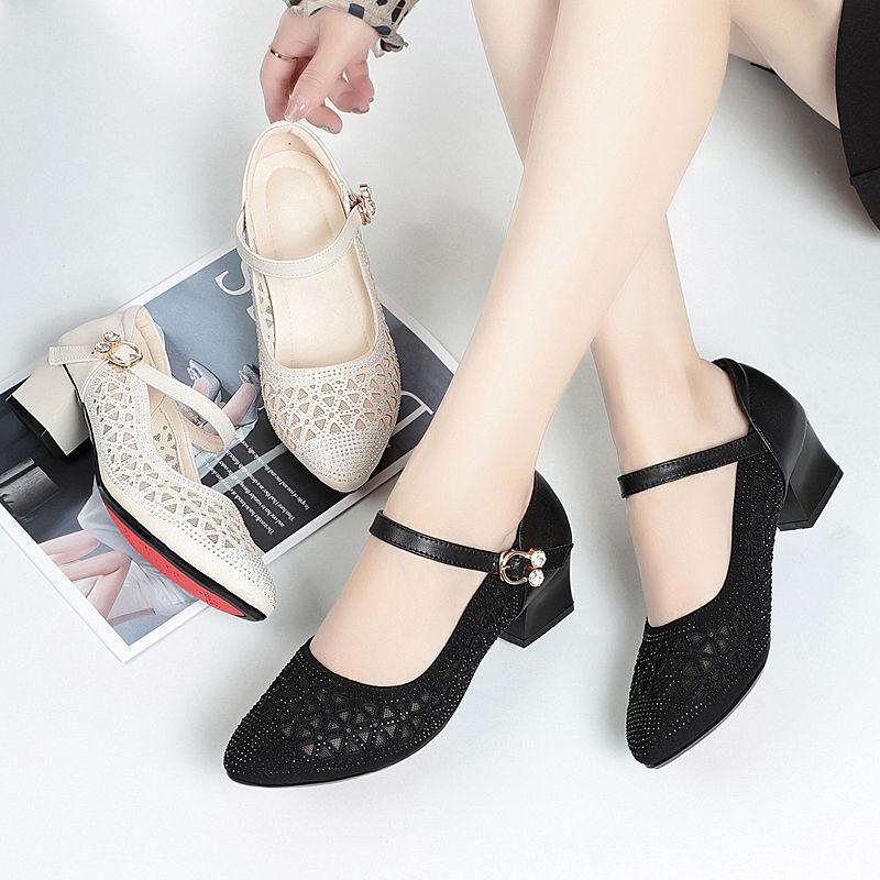 Women's High-heeled Sandals Mesh Sandals Hole Shoes Hollow Breathable Single Shoes Soft Sole Mid-heel Shoes