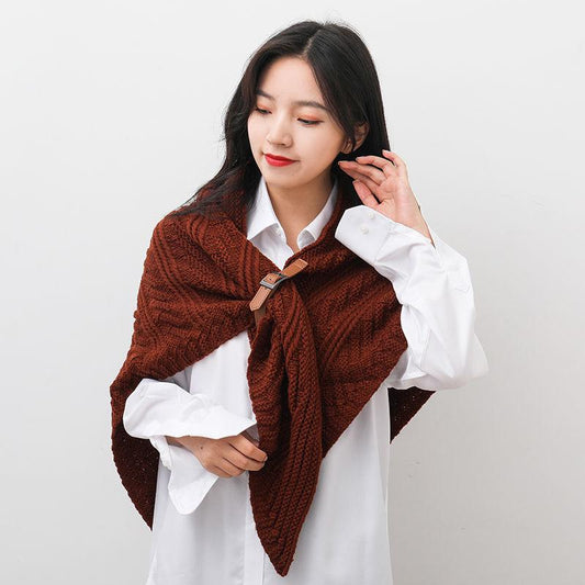 Women's Autumn Winter Knitted Leather Buckle Shawl Scarf Triangle Cloak Keep Warm All-match Solid Color Crochet Dual-use Shawl Scarf