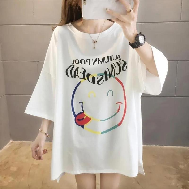 Cute Smiley Women Dress Girl Loose O-Neck Casual Long T-shirt Dress Big Loose Home Comfort Outer Convenient Nightdress Pajamas