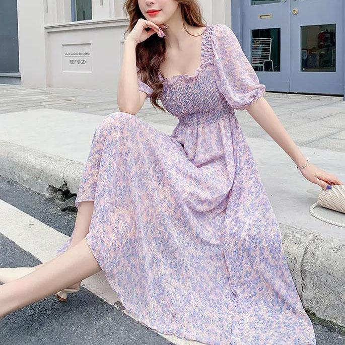 Female Vintage High Waist Super Fairy Holiday Dress Elegant Slim Little Fresh Chiffon Floral Print Dress