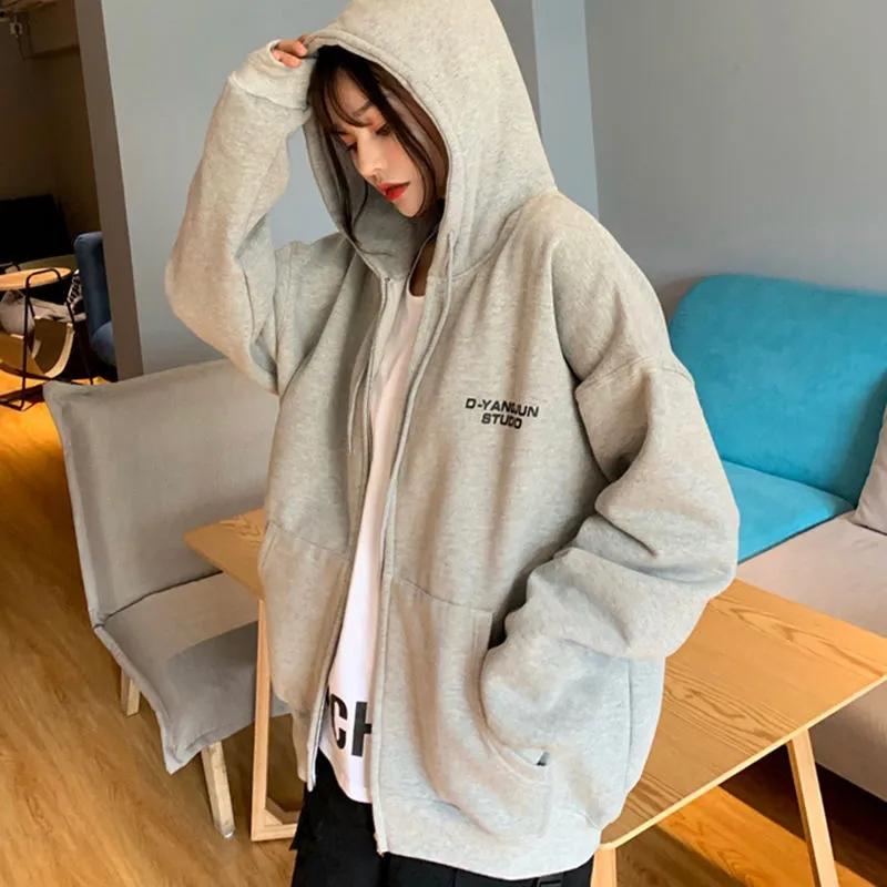 Female Autumn Hooded Cardigan Sweater Student Mid-length Top Coat Ins Girl's Loose Jacket Zipper Coat Long-sleeved Hooded Sweater Women Cardigans