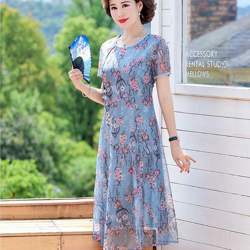 Mom Summer Dress Middle-aged and Elderly Women's Noble Mid-length Chiffon Over The Knee Summer Dress