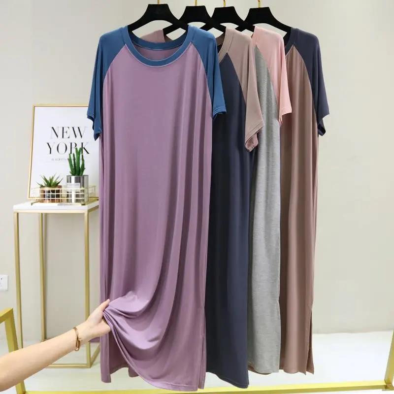 Summer Women's Modal Dress Round Neck Loose Large Size Nightdress Thin Dress Short Sleeve Long Dress