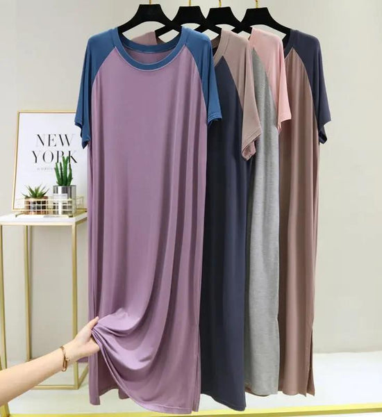 Summer Women's Modal Dress Round Neck Loose Large Size Nightdress Thin Dress Short Sleeve Long Dress