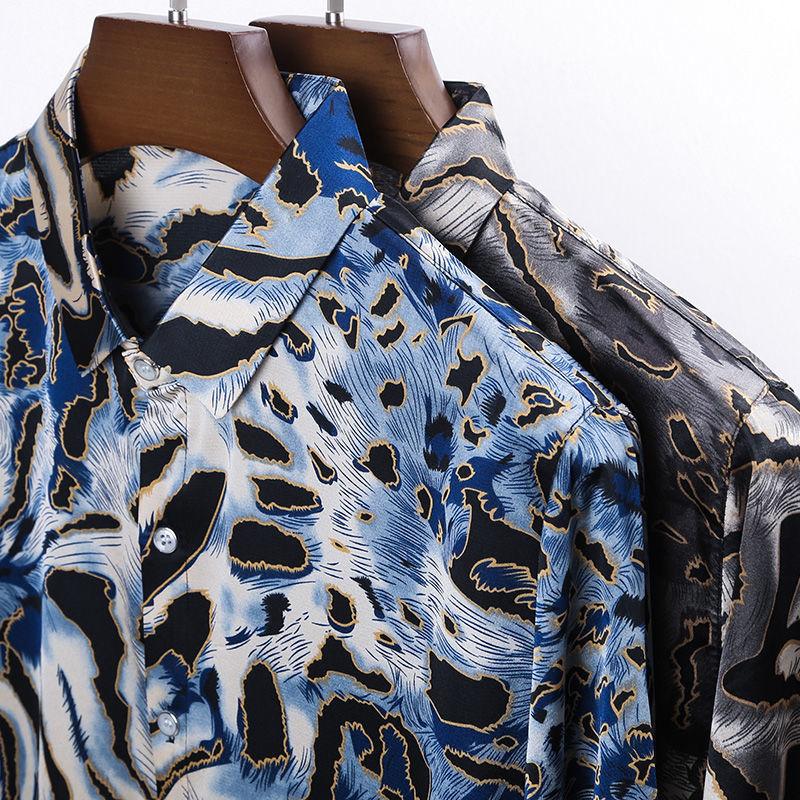 High-end Printed Mulberry Silk Men's Shirt Loose Business Casual Long-sleeved Handsome Shirt